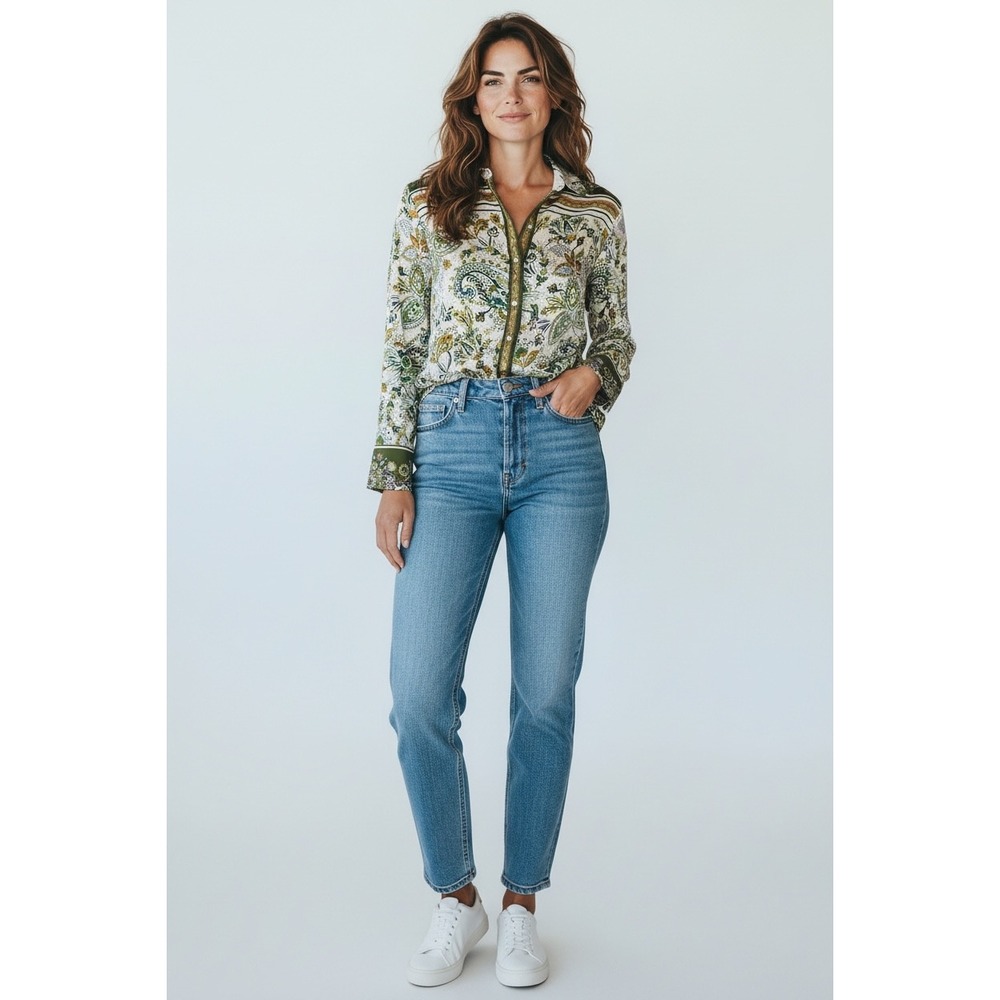 Rachel Zoe Green Paisley Floral ButtonDown Satin Shirt Long Sleeve Blouse Sz L